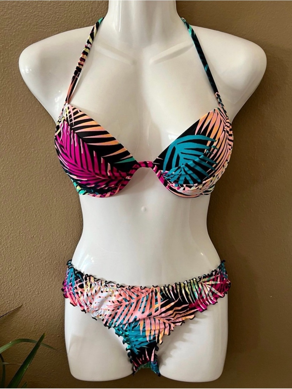Tropical Leaf Push-Up Bikini Set - Pink & Teal